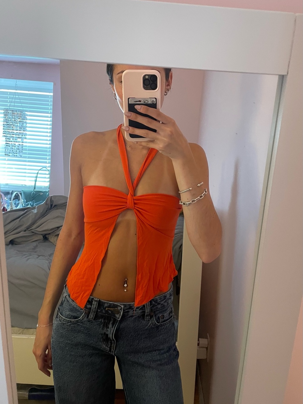 Edikted Bright Orange Halter Knot Front Crop Top